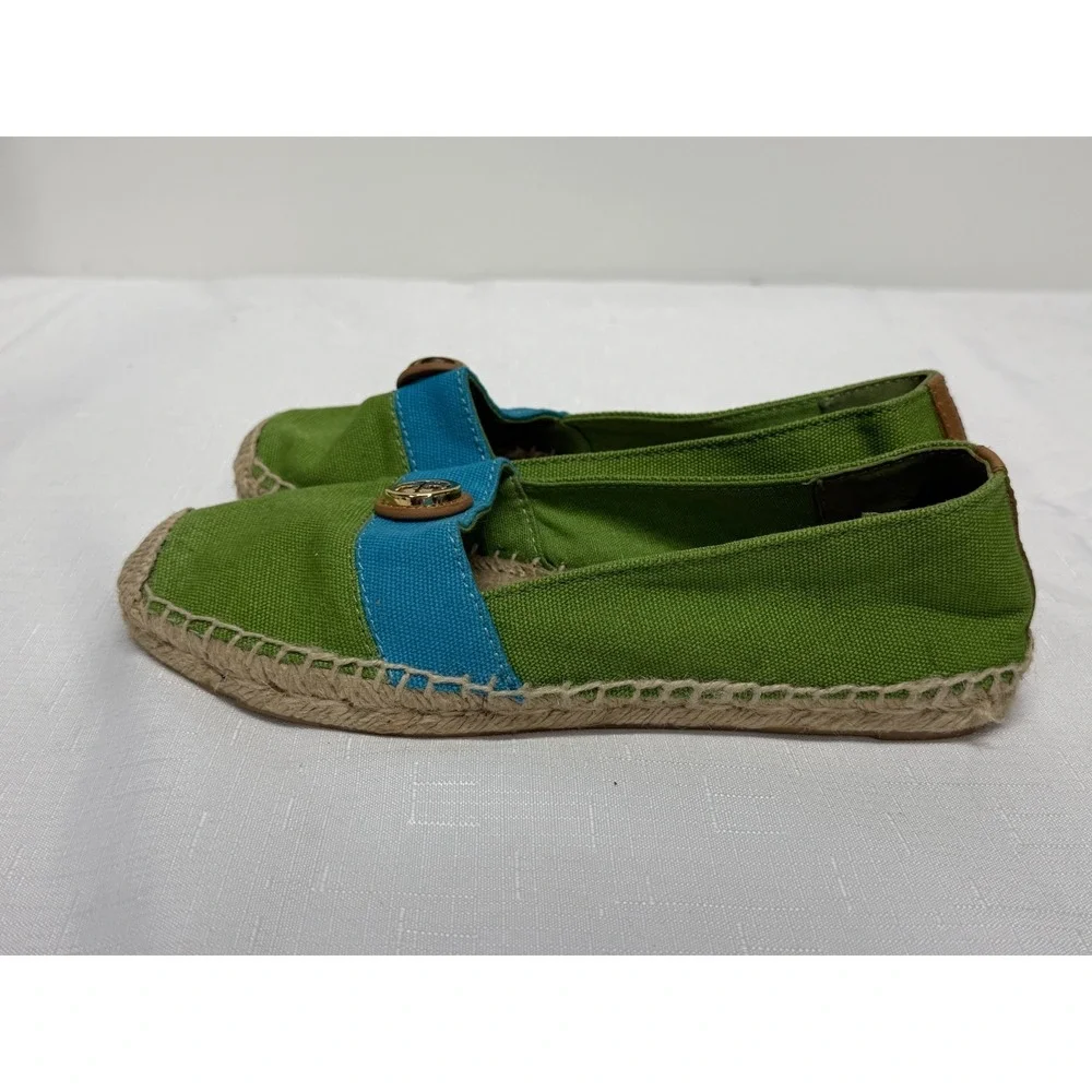 Tory Burch Beacher Espadrille Canvas Flats Womens Size 6 Green/Blue Slip On Shoe